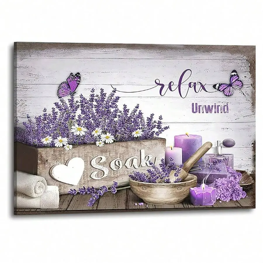 1 Pc Canvas, Farmhouse Lavender Canvas Wall Art With Wooden Frame - Relaxing Soaking, Relaxing Bathroom Sign, Bedroom Decoration With Purple Lavender Pictures , Wooden Framed Art,High Quality ,Thickness 2. 25cm/1inch Wall Art Prints Poster Direct Hanging