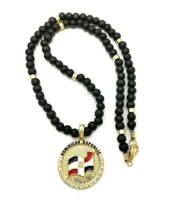 MaxBling81 Dominican Republic Flag Medal Pendant Necklace, 8mm 18"-20" Wooden Bead & Link Chain, Unisex Hip-Hop Fashion Jewelry with Unique Touch for Adults, Chain Jewelry Necklaces