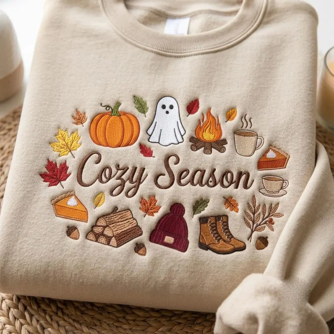 Women's Embroidered Fitted Long Sleeve Casual Hoodie - Spooky Pumpkin Autumn Apparel, Gift For Lady, Tops, Plus Size, Lightweight, Autumn Pumpkins