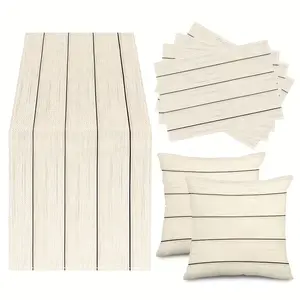 7-Piece Table Runner Set, Seasonal Dining Mats & Cushion Covers, Fine Stripe Ivory Restaurant Decor, Outdoor Family Meal Setup