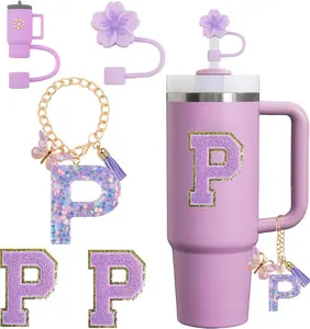 5 count Cup Accessories Set for  Cup 30 oz 40 oz Tumbler with Handle, Including Siliocne Straw Cover Cap, Letter Charm for  Cups, Sticker (P)
