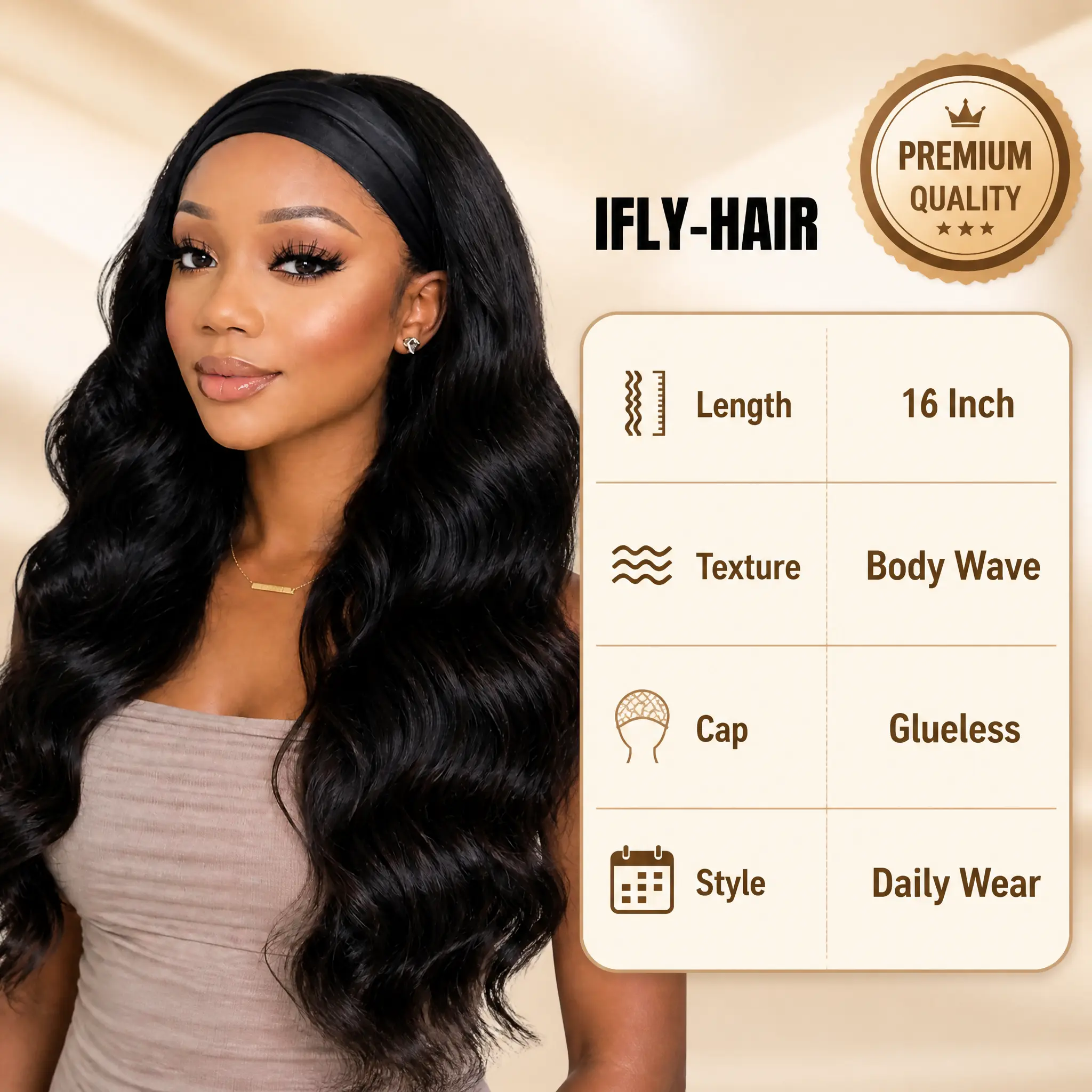 Glueless Headband Wig 16 Inch Long Black Body Wave Headband Wigs for Black Women human hair Natural Looking Wavy Wig Heat
