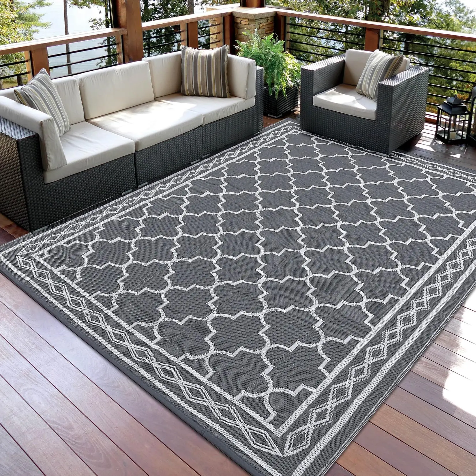 Grey/White Reversible Mats 8x10 Plastic Straw Rug Modern Area Rug Large Floor Mat and Rug for Outdoors RV, Patio, Backyard, Deck, Picnic, Beach, Trailer, Camping,(Geometric)