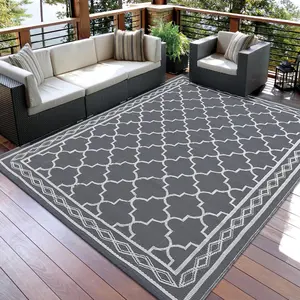 Grey/White Reversible Mats 9x18 Plastic Straw Rug Modern Area Rug Large Floor Mat and Rug for Outdoors RV, Patio, Backyard, Deck, Picnic, Beach, Trailer, Camping,(Geometric)