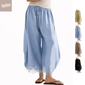 YeeZaa Lace-Hem Pants Cropped Boho Beach Pant 2026 Summer Fashion Pants Drawstring High Waist Wide Leg Pants Summer Lightweight Lounge Trousers Casual Elastic Waisted Vacation Outfits with Pockets