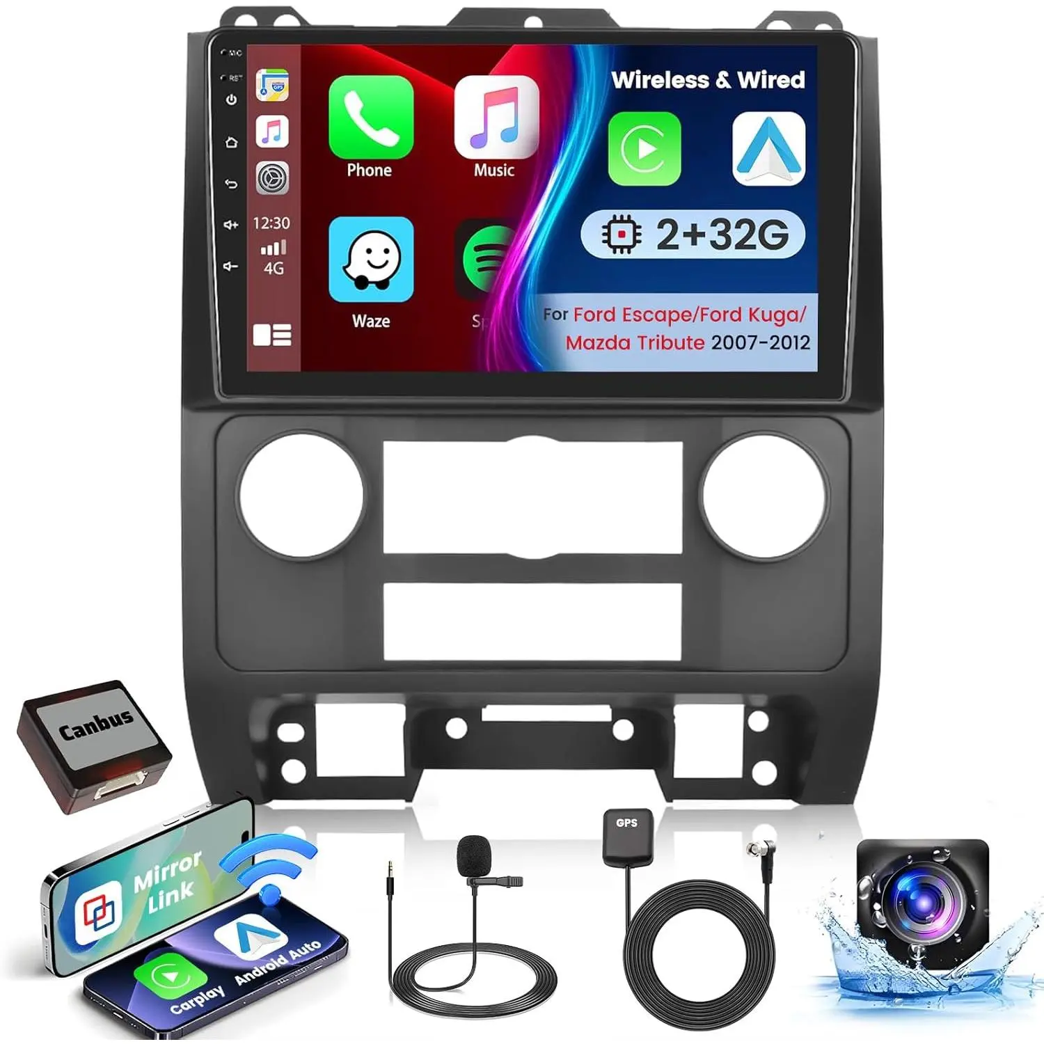 RIMOODY 9-In Car Android Auto Player for Ford Escape/Kuga/Mazda Tribute 2007-2012, Wireless & Wired CarPlay, 4GB RAM, 64GB ROM, 4*45W Output, GPS, WiFi, BT, FM, RDS, SWC, Backup Camera, Mic, Father's Day Gift Option