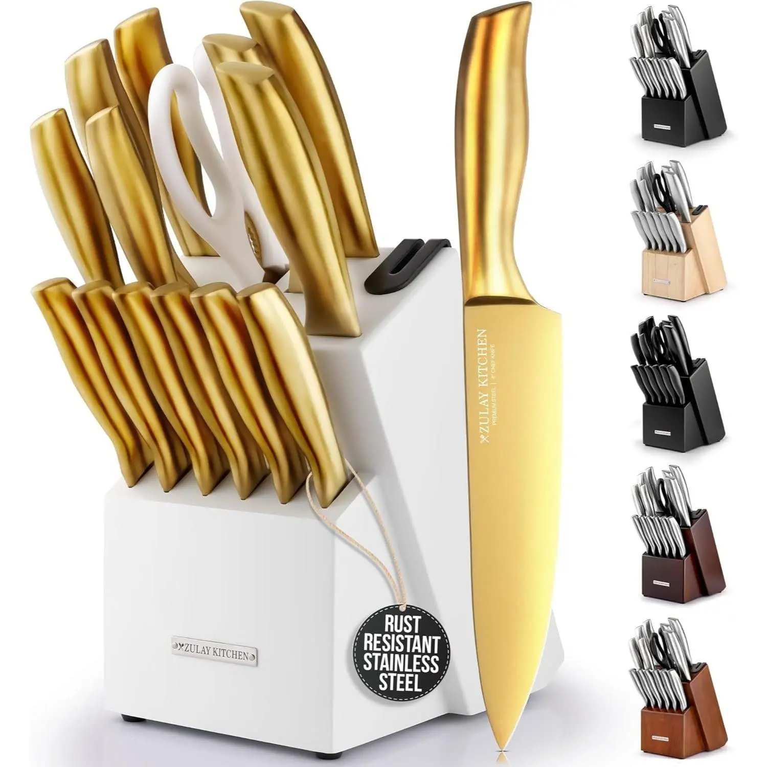 Zulay Stainless Steel Knife Set with Block & Built-In Sharpener - Rust-Proof Kitchen Knives, Durable Design Best for Chopping Zulay Stainless Steel Knife Set with Block & Built-In Sharpener - Rust-Proof Kitchen Knives, Durable Design Best for Chopping