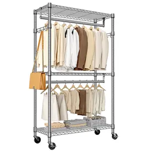 Heavy Duty Rolling Garment Rack 3 Tiers Adjustable Wire Shelving Clothes Rack with 2 Rods and Side Hooks,Storage Closet Clothing Rack with Wheels Chrome 15.7" D x 29.5" W x 74.5" H