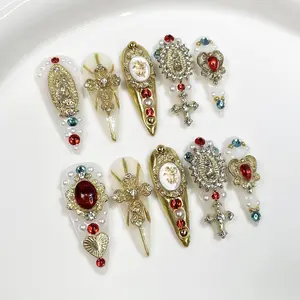 MAGIC NAILS Handmade Acrylic Press On Nails Long Stiletto Gothic Angel Holy Mother Cross Design Luxury 3D Catholic Church Style False Nails for Holiday Parties