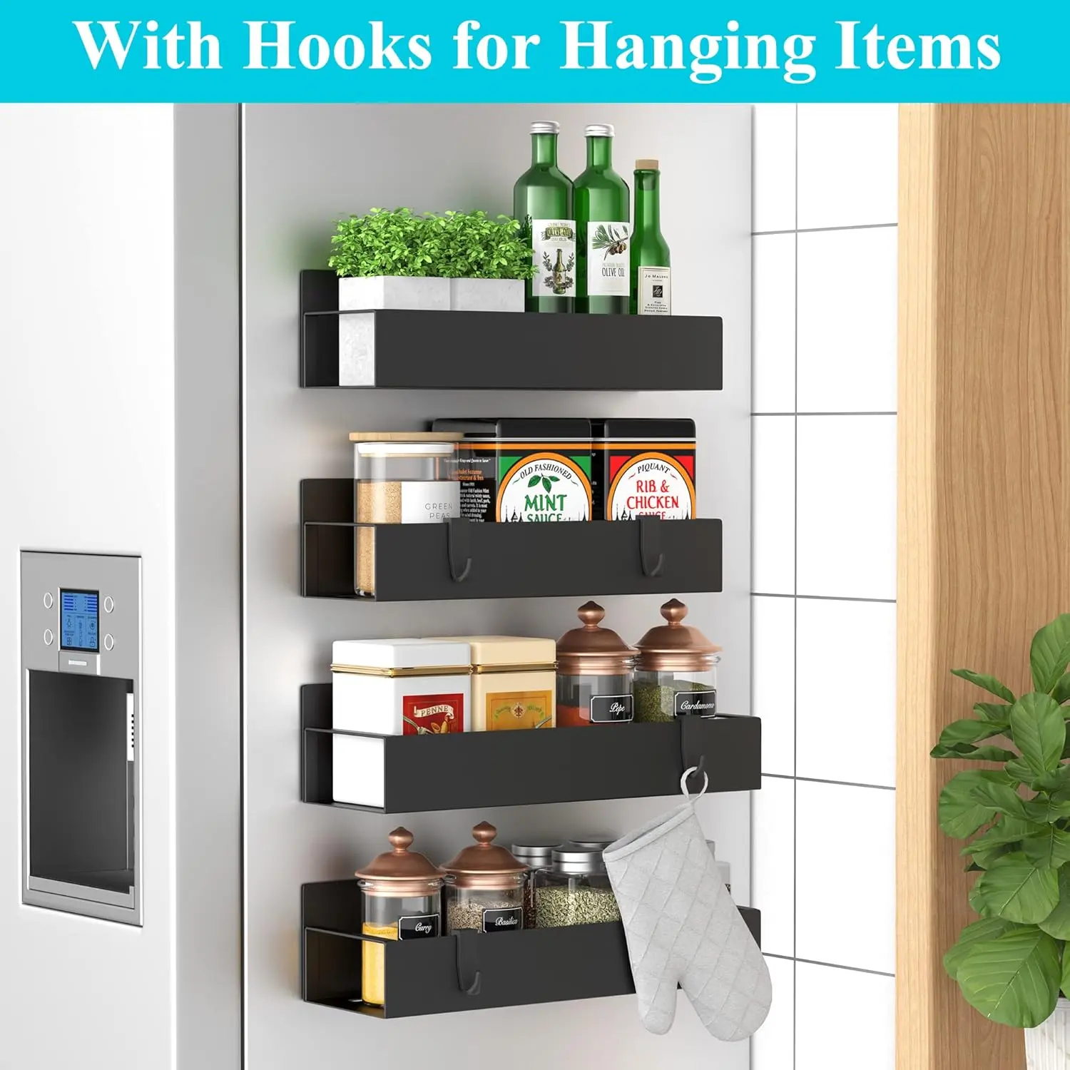 Pack of 4 - Metal Magnetic Spice Storage Rack Organizer for Refrigerator and Oven, Black Fridge Organizers and Storage
