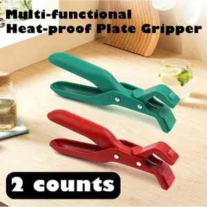 2-Count Silicone Hot Plate Gripper Kitchen Gadgets - Multi-Purpose Anti-Scald Utensils for Cooking, Serves as Holder, Clip, Tongs for Bowls, Plates, Pans (Red & Green)