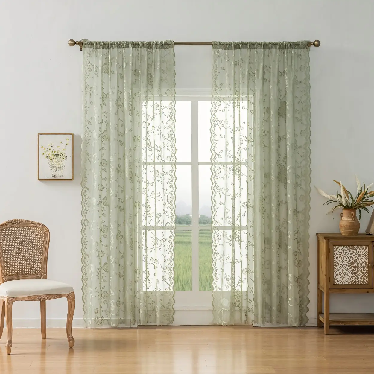 2pc French Lace Transparent Curtains, Floral Sheer Curtains, Home Decorative Curtain, Semi-Transparent Polyester Fiber, Easy Installation & Hanging, Perfect for Privacy in Living Rooms & Kitchens, Interior Decoration Accessories