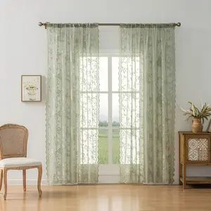 2pc French Lace Transparent Curtains, Window Curtain with Floral Pattern - Semi-Transparent Polyester Fiber, Easy Installation on Rods, Easy Hanging, Perfect for Privacy in Living Rooms and Kitchens, Interior Decoration Accessories
