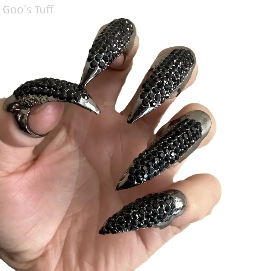 Adjustable Rhinestone Nail Tip Rings 5pcs Set Sparkling Crystal Claw Nail Guards Punk Gothic Finger Armor Statement Jewelry for Cosplay Halloween Party Daily Wear