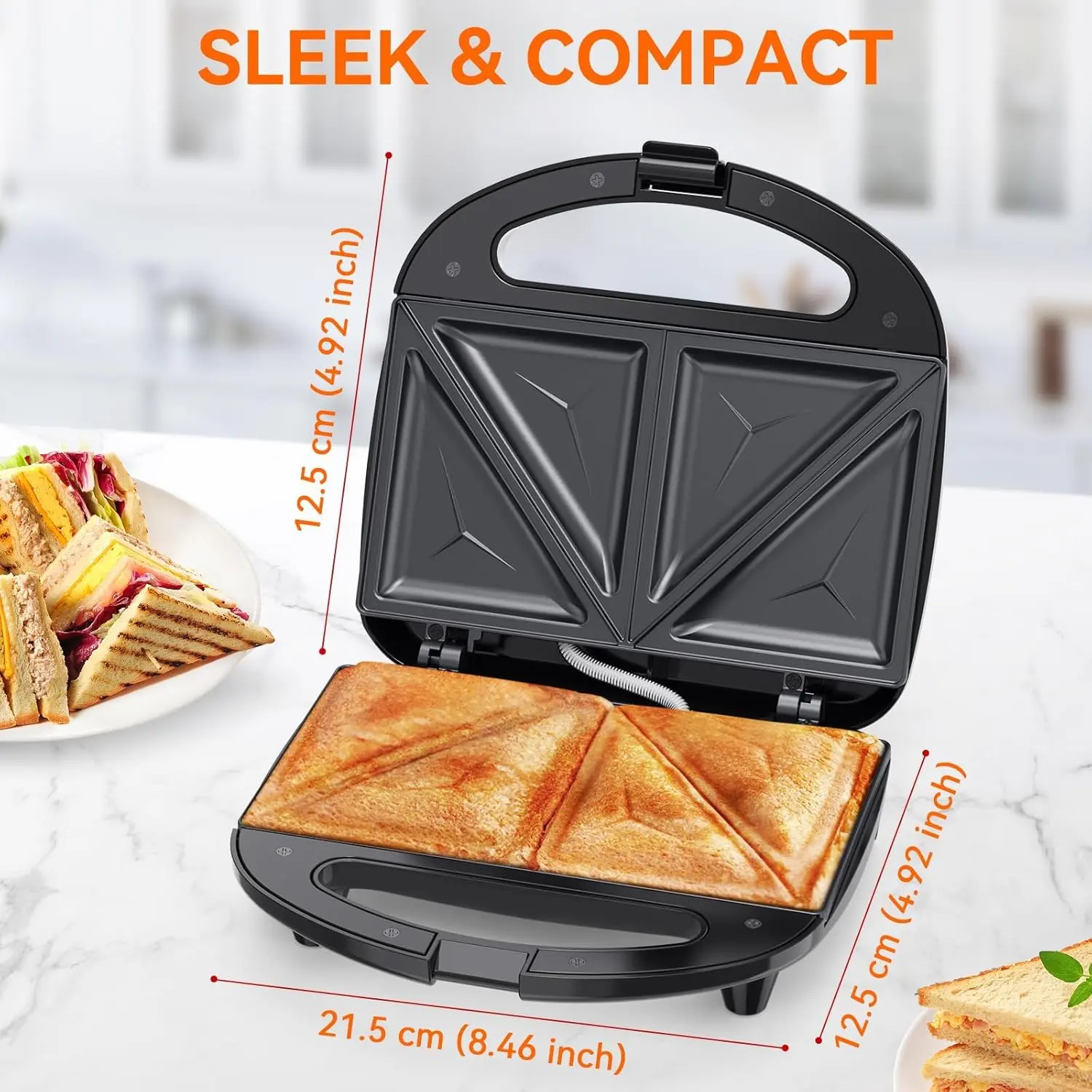 OSTBA 2-Slice Sandwich Maker, Nonstick Coating Griddle Triangle Plates Electric Grill, 750W, Indicator Lights, Cool-Touch Handle, Easy to Clean & Store