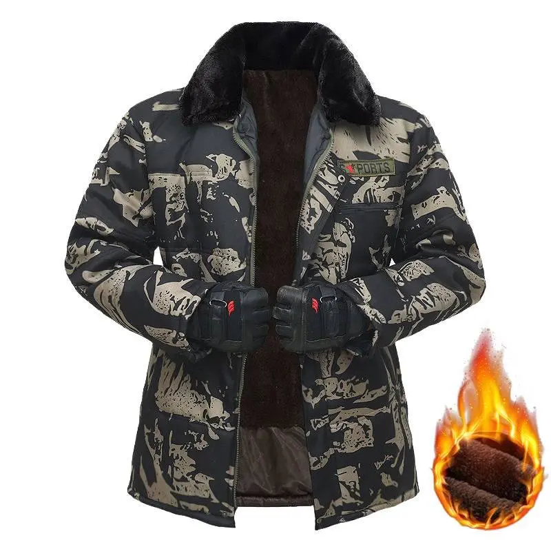 Men's Winter Cotton Thermal Coat - Fleece-Lined, Thick Camouflage, Long Sleeve, Fur-Trimmed, Cold-Resistant, Reflective-Zipper, Pockets Menswear Tops for Cold Storage Labor Protection; Unisex Option with Warmer Women's Version
