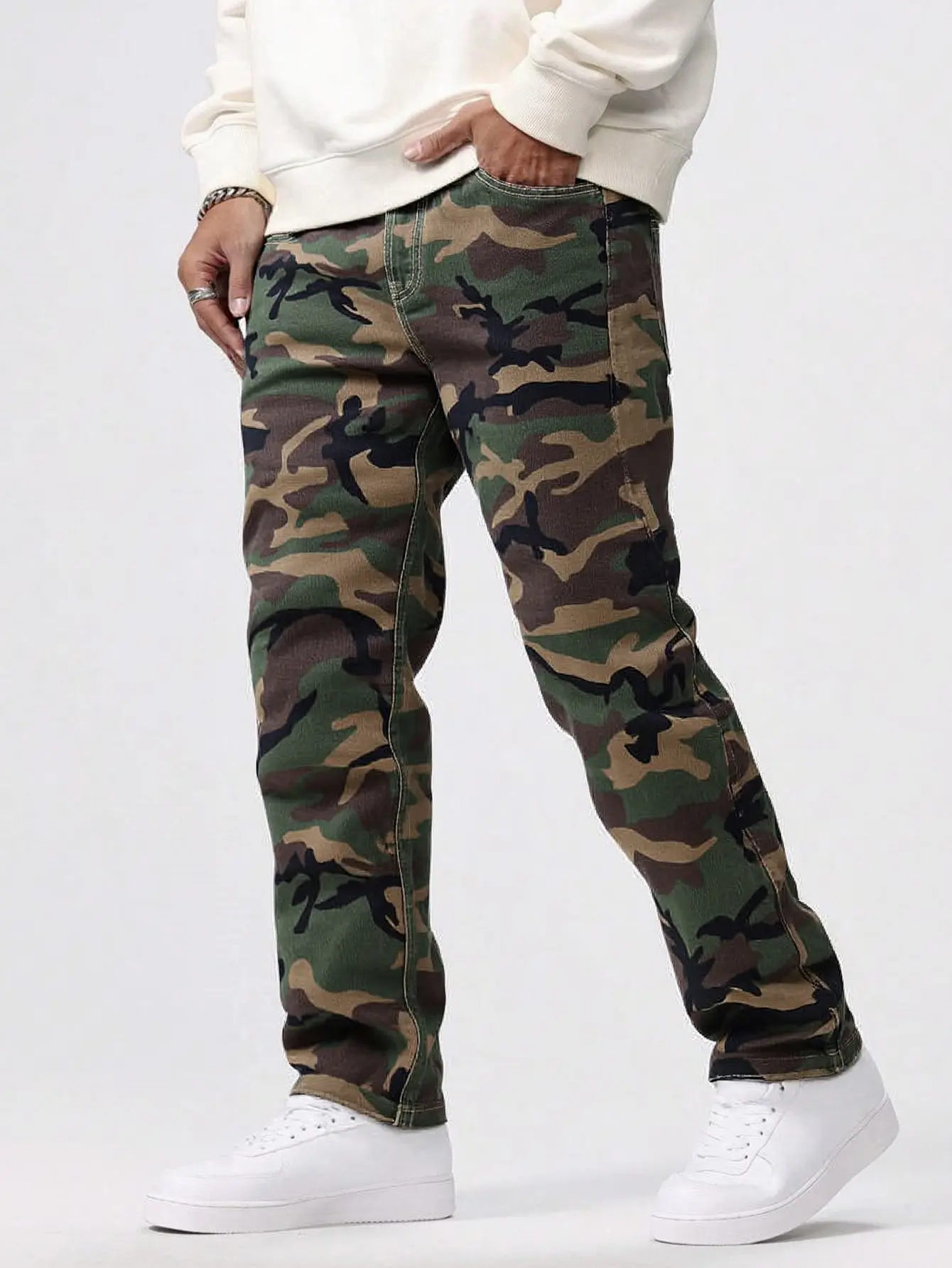 Casual Fitted Trousers for Men with an All-Over Camouflage Print, All-Season Daily Streetwear Apparel, Casual Fitted Jeans, Leisure Denim Trousers, Streetwear Clothing, Straight-Leg Pants, All Seasons, Denim Fabric, Fitted Cut