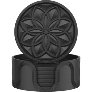 Silicone Coasters Set with Holder - 6 Pack Drink Coasters for Coffee Table, Bar, Desk - Tabletop Protection Gift - Black