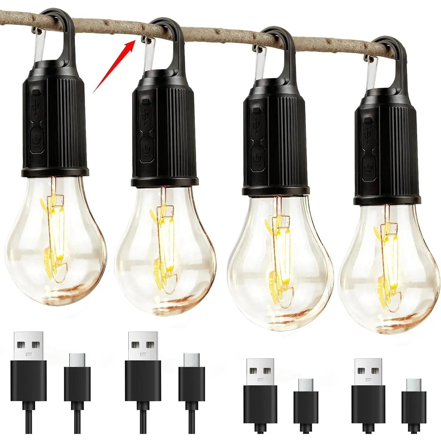 4 Pack Camping Lights Rechargeable, Hanging Tent Lights Bulb with Hook, Timer Function, 3 Lighting Modes Tent Lamp for Camping, Hiking, Backpacking,  Outage(Black)