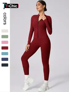 Women's Seamless High Elastic Thread Collar Zipper Long Sleeve High Waist Shaping Trousers Yoga suit Outdoor Running Cycling Hiking Walking Fashion suit All-match long-sleeve trousers for gym training Yoga Clothes Set