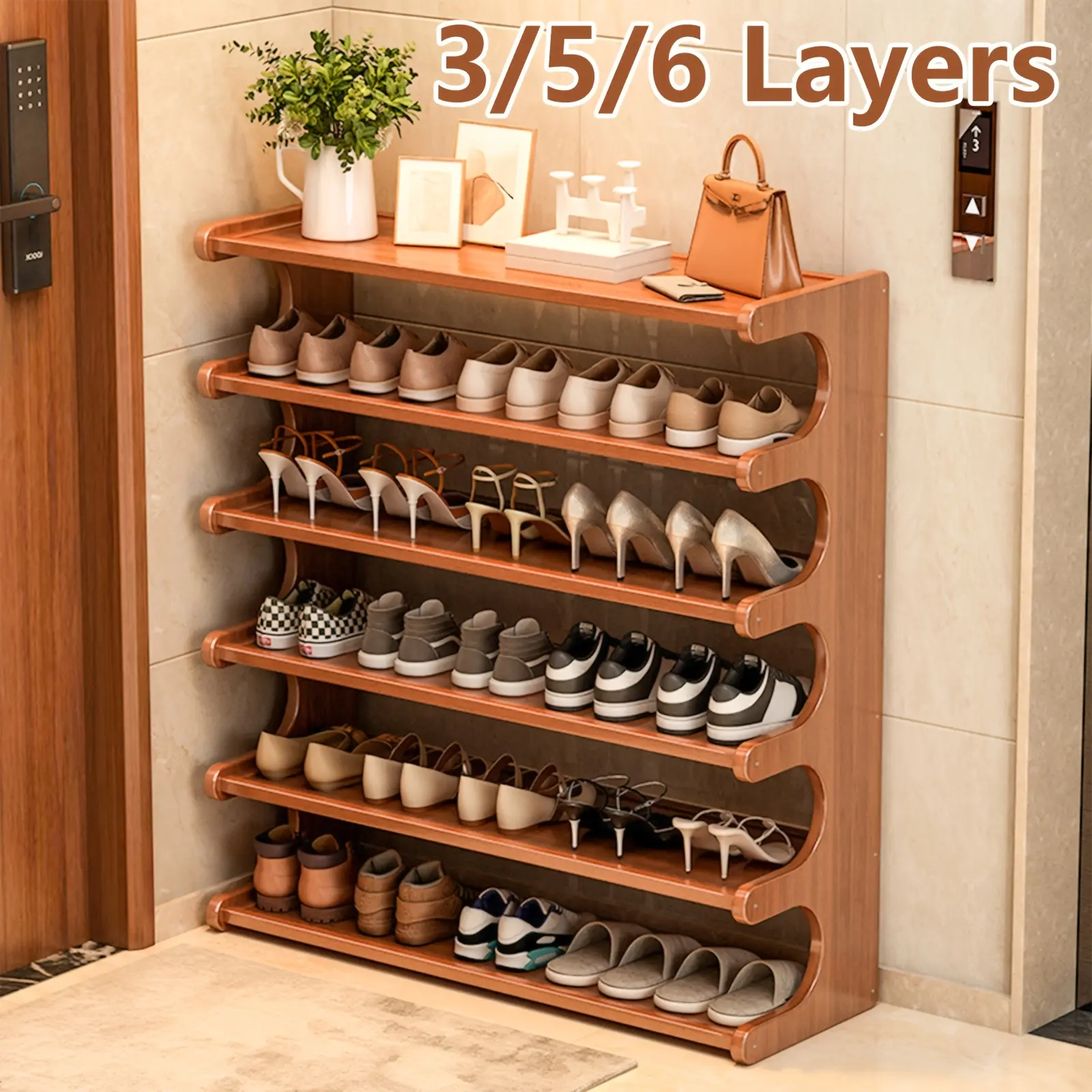 A [Bamboo Shoe Rack] Christmas Gift Bamboo Shoe Rack | Wood Grain Finish Shoe Storage Rack, Holds 6/15/24 Pairs, Easy to Assemble, Space-Saving | 3/5/6-Tier Shoe Rack for Front Door Entryway, Entry Hallway, Living Room, Bedroom, Garage