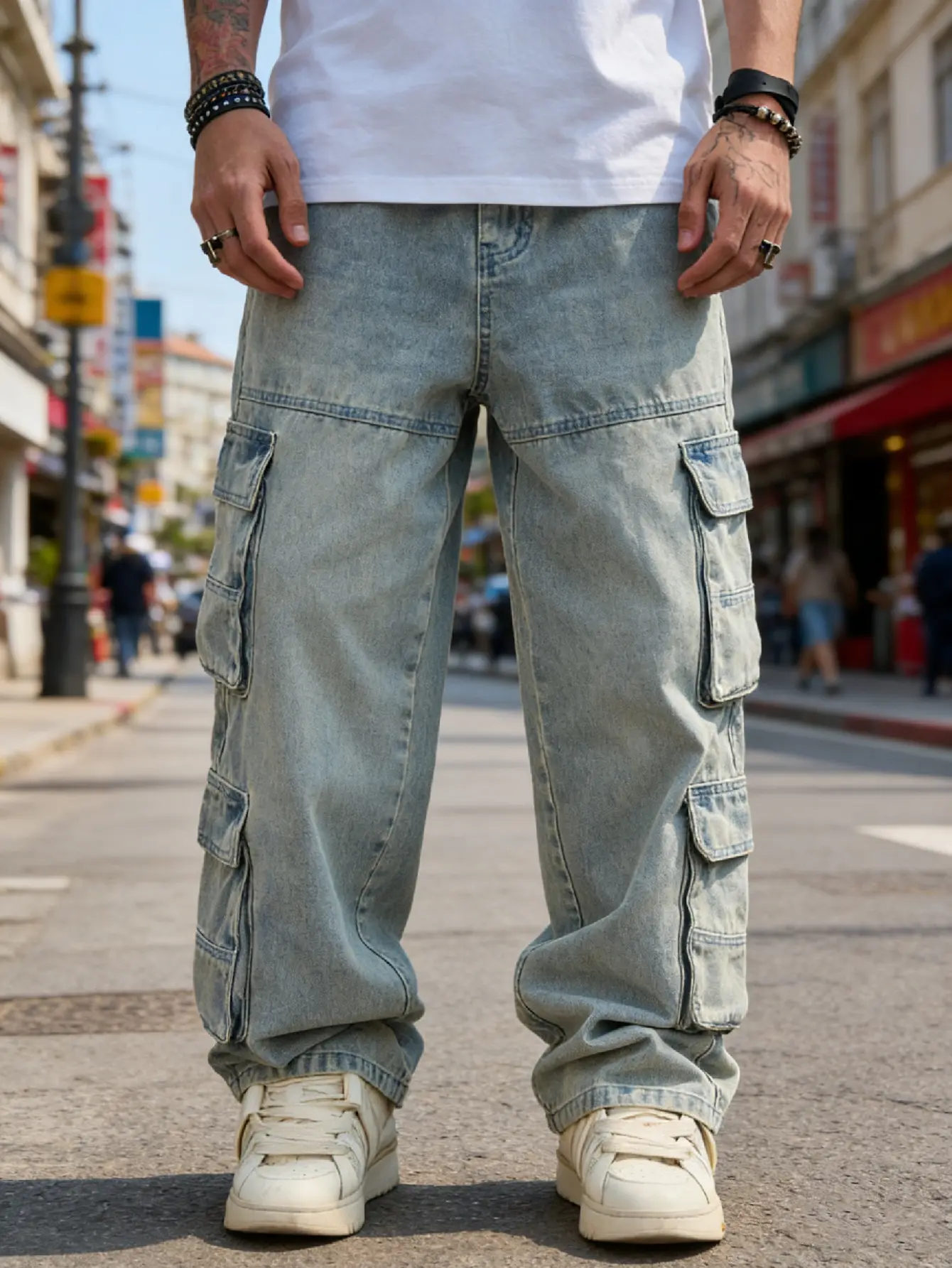 Stylish Men Streetwear Multiple pockets Vintage Baggy Carpenter Pants Male Cargo Jeans Solid color Loose Straight Denim Trousers Classic Menswear Deals For You Days