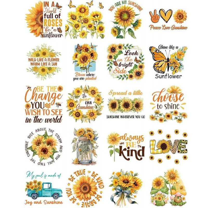 UV DTF Cup Wrap - 20 Sheets Sunflower UV DTF Cup Wraps for 16 20 40 oz Glass Water Bottles Yellow Flowers Butterfly Car Transfer Stickers Decals for DIY Coffee Mug Creative Decorative Gifts