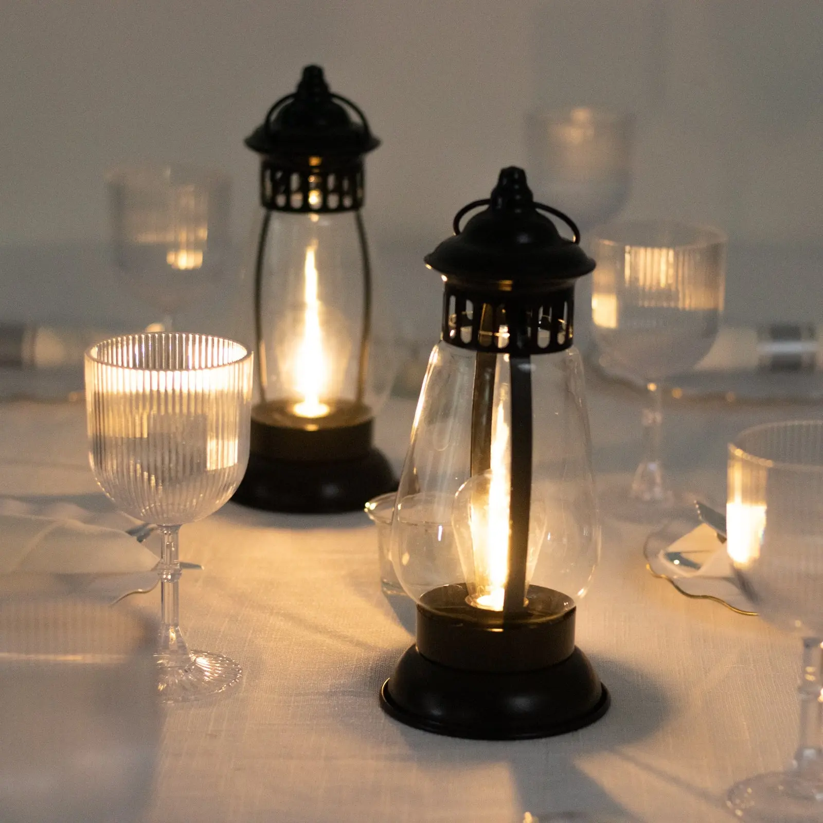 4 Pack 10" Black Vintage LED Hanging Lanterns - Battery-Operated Metal Hurricane Lamps, Outdoor Hanging Lights for Indoor & Outdoor Use