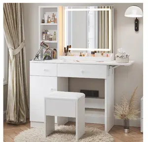 35" Vanity Desk with Mirror, LED Light, Power Outlet, Makeup Vanity with Storage Cabinet and Foldable Panel, Vanity Set with Cushioned Stool