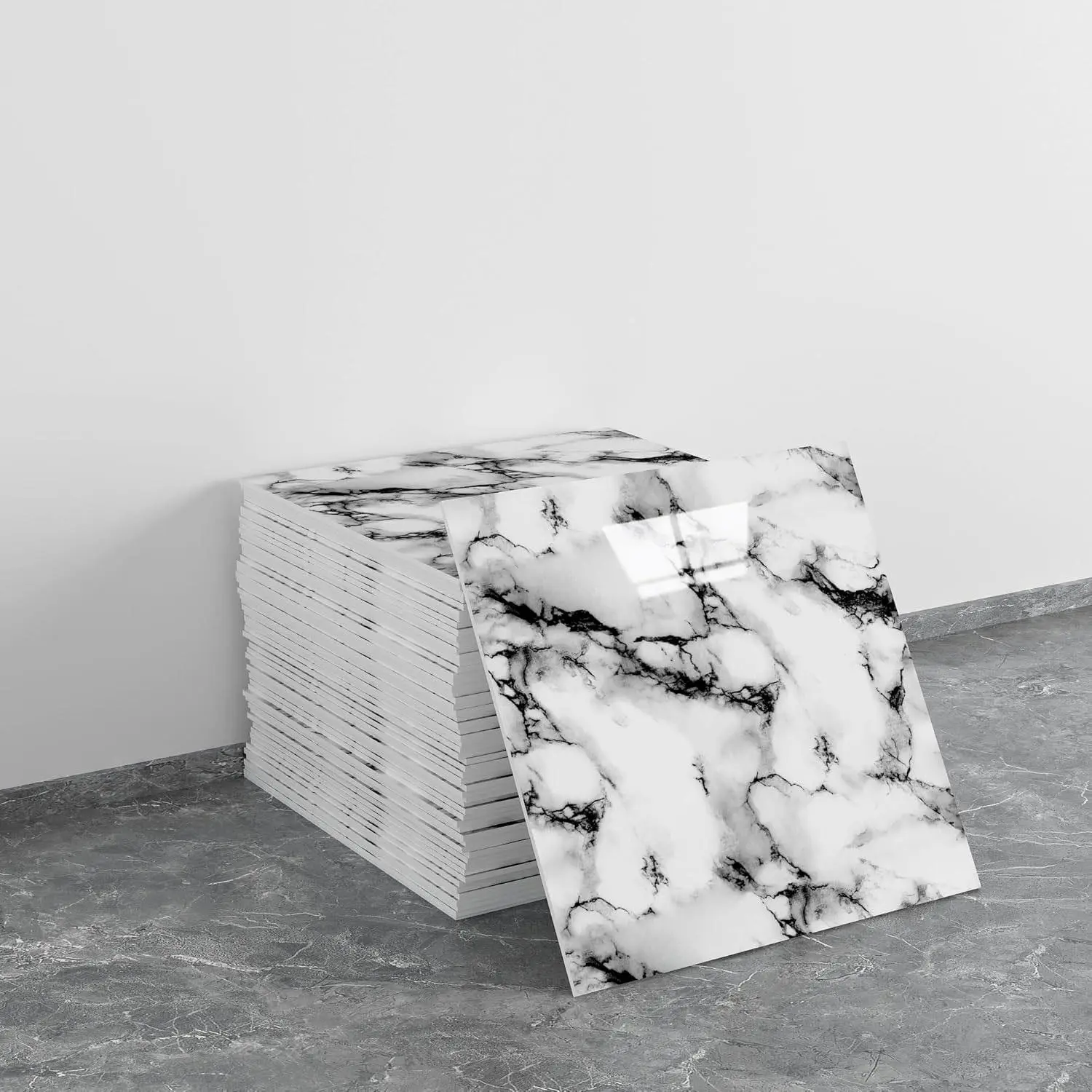 10/20 PCS marble peel-to-stick waterproof PVC shower wall panels, Peel and Stick Decorative Wallpaper for Bathroom splash splashes, tiled wall suitable for bedrooms, kitchens, Living Room, 30 cm x 30 cm (ink and white,19.4 square feet)