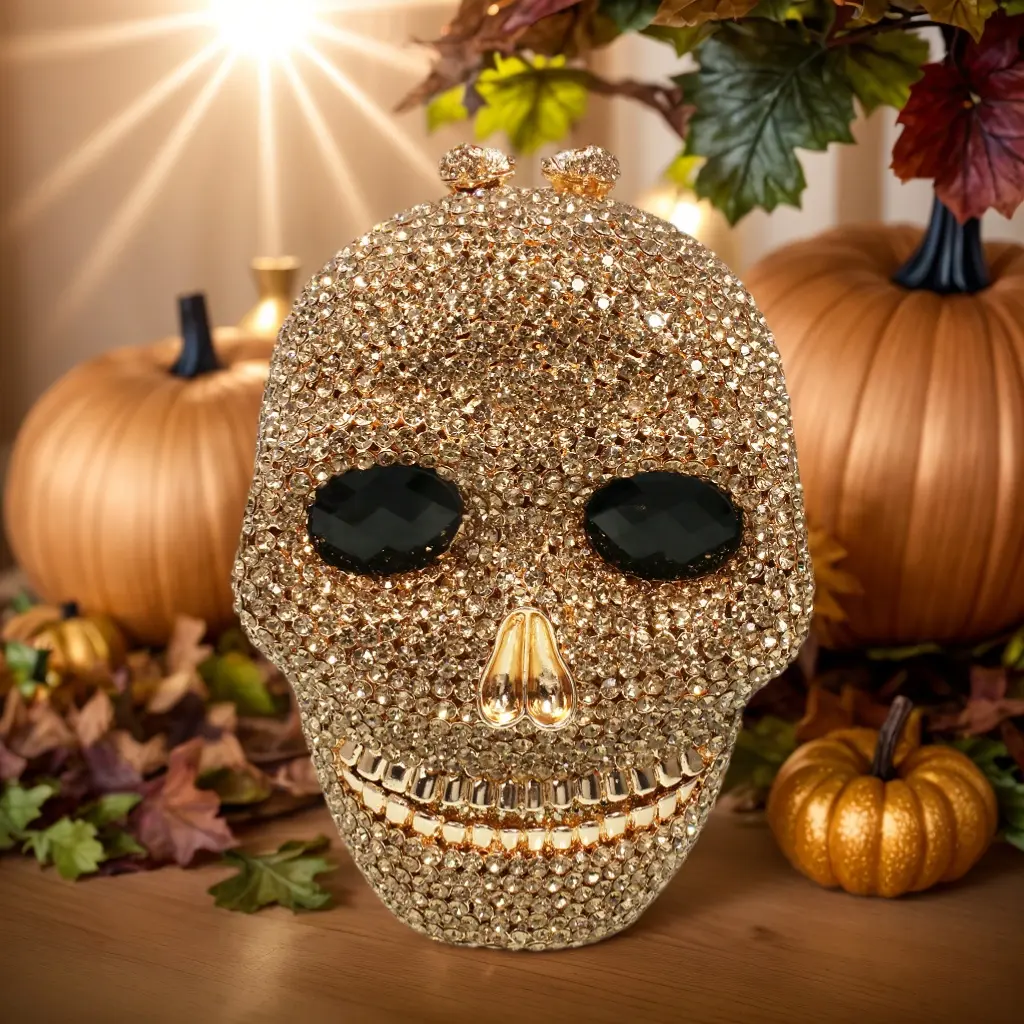 Halloween 3D Skull Luxury Evening Bag Bling Rhinestone Clutch Purse Crystal Metal Handbag for Women Evening Cocktail Party