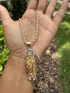 14K Gold Plated Grim Reaper Pendant Iced Micro Pave Bling Santa Muerte Holy Death Rope 20" 4mm Charm for Men Women Hip Hop Fashion Jewelry Bold Style Statement Symbolic Design Tarnish Resistant