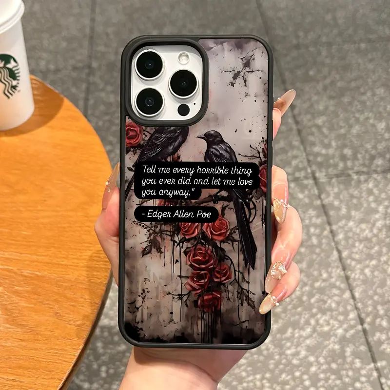 MagSafe Magnetic TPU Silicone Protective Phone Case - Viral Gothic Raven Red Rose Pattern, Edgar Allan Poe Quote, Dark Grunge Drip Texture, White Frame, Anti-Drop for iPhone 11-18 Pro Max/17 AIR, Samsung S21-S26 Ultra/Plus, Dark Academia Style, Viral Patt