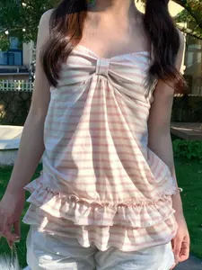 Sweet Striped A-Line Ruffle Spaghetti Strap Vest, Y2K Style Pleated Twist Fashion Top, Tight-Fitting Fall & Winter Women's Clothing