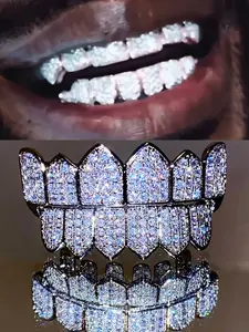 2pcs Unisex Vampire Fangs Grillz, Silver Color Cz Teeth Grills, Halloween Hip Hop Accessories, Unique Diamond Style Oral Jewelry, Tooth Gem