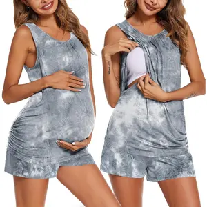 Women Maternity Nursing Pajama Set Breastfeeding Double Layer Pregnancy Pjs Set Sleeveless Top & Shorts with Pockets
