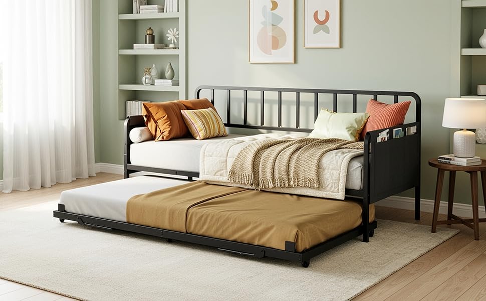 LIKIMIO Twin Daybed with Trundle, Charging Station & LED Lights, Metal Sofa Bed Frame with Side Storage, Noise-Free, No Box Spring Needed for Small Space, Guest Room, Living Room