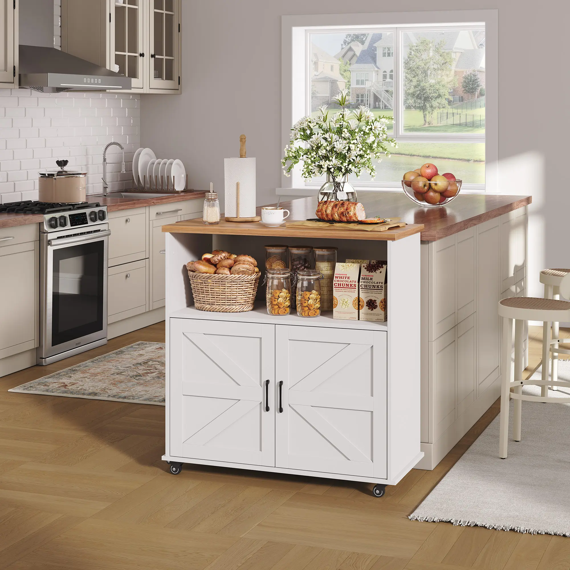 Gaomon Rolling Kitchen Island with Wood Top - 40.4'' Width Cabinet Enclosure Compartment DIY Assembly Kitchen Furniture, Portable Mobile Cart with Storage, Towel Rack, Lockable Wheels, Cabinet Enclosure Kitchen Furniture