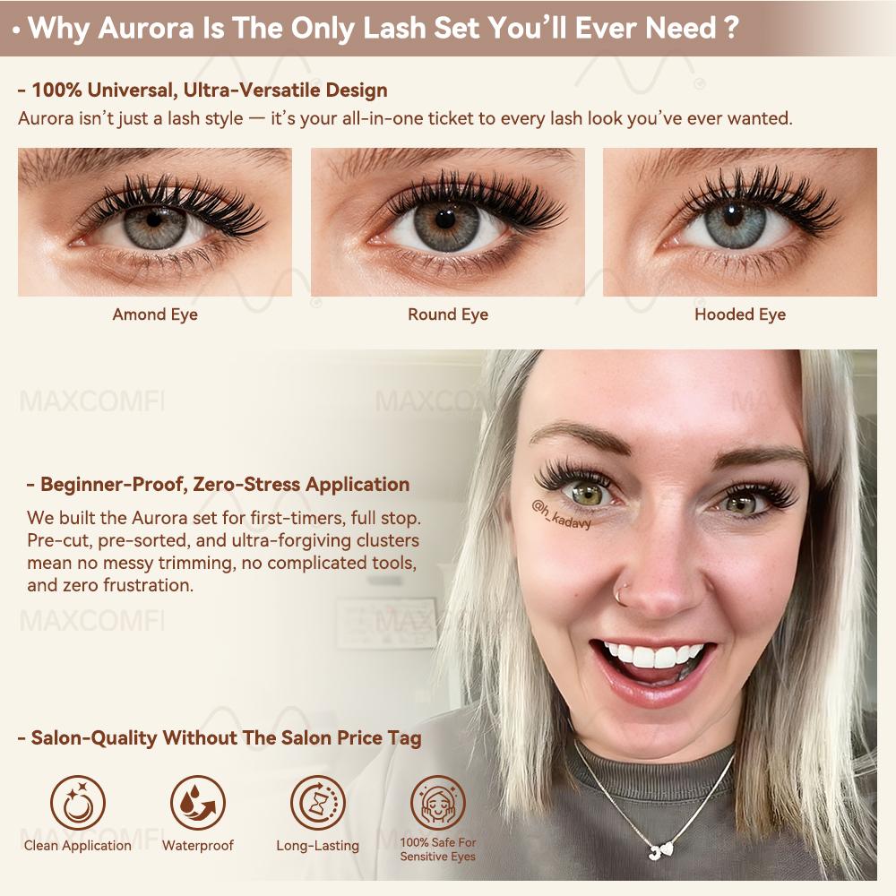 Aurora | MaxComfi My Go-To Comfortable Lashes Long-Lasting, Waterproof & Super Soft & Thin Band Too |  Flaunt Flora styleWaterproof Long-Lasting Natural Daily Volume Style Beginner-Friendly DIY Lashes for Flawless Voluminous Look Trendy Must-Have Clusters