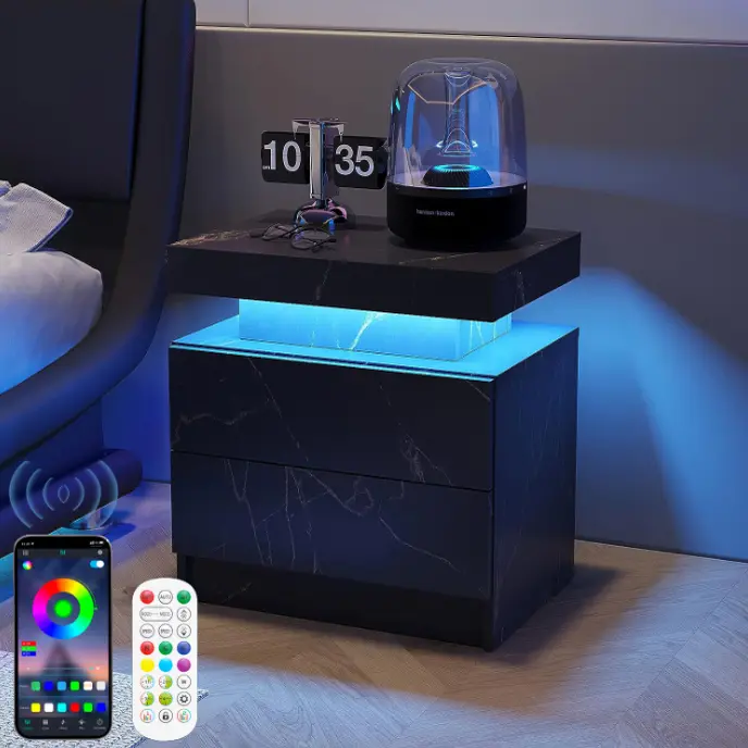 Bedroom Nightstand with 2 Drawers and 16-Color Adjustable RGB LED Lights, Modern Bedside Table Storage