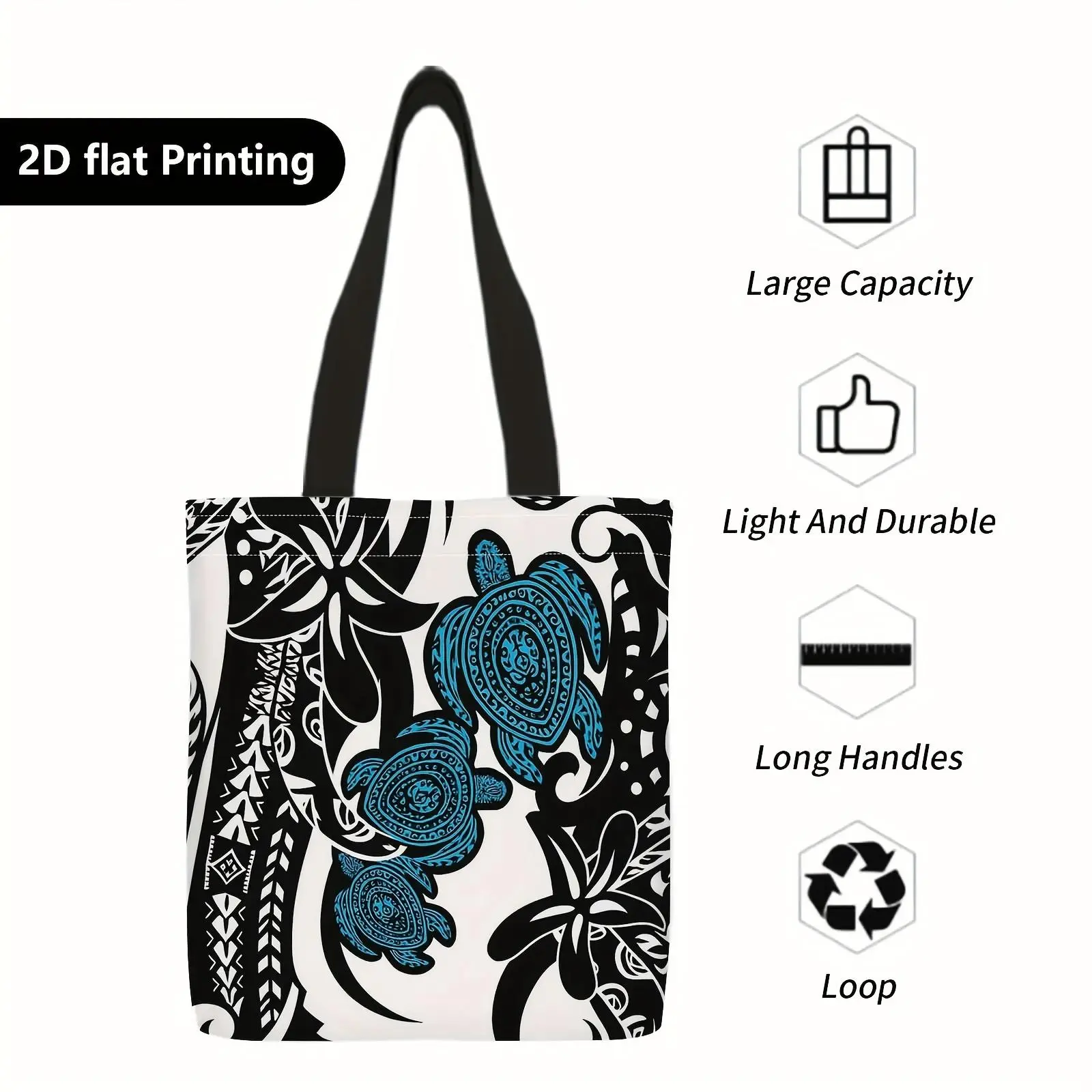 1pc Double-sided Printing Tribal Turtle Tote Bag - Shoulder Bag with Black and White Turtle Pattern, Machine Washable, Suitable for Travel, Beach and Everyday Use - Stylish and Durable Tote Bag,