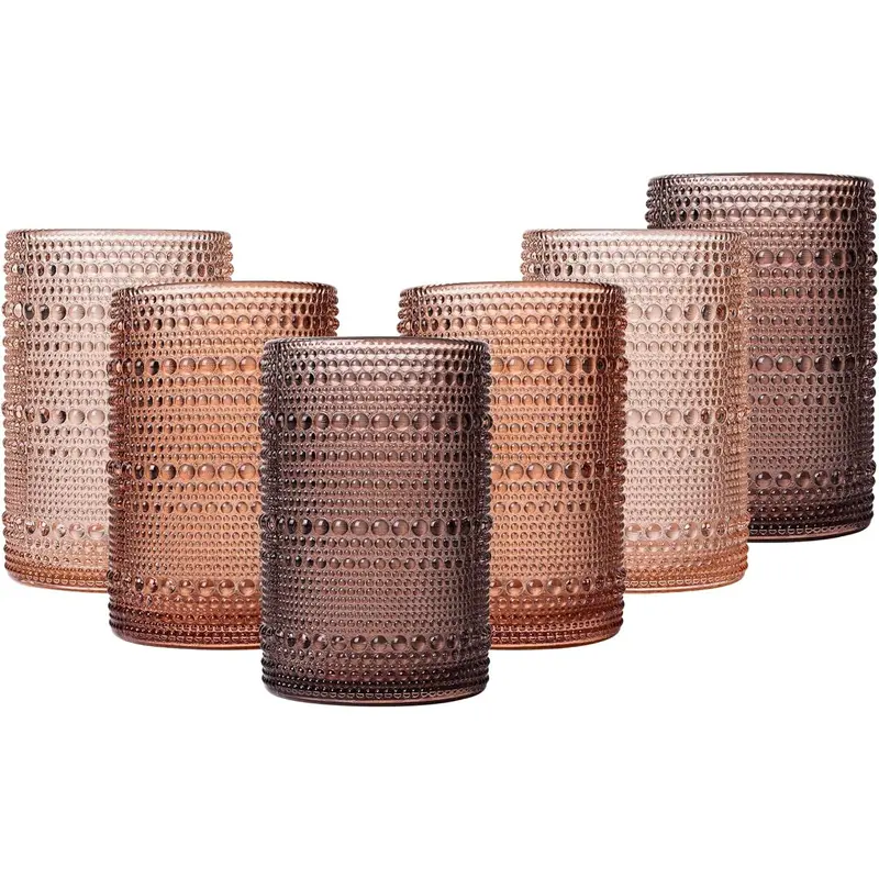 Venus Vintage Hobnail Texture Drinking Glasses Set of 6 - 15oz Cylindrical Lead-Free Durable Highball Glasses, 12oz/0–500ml Capacity, Hand Wash Dining/Bars/Dessert Shops Cups, Party Gift with Protective Pearl Pad