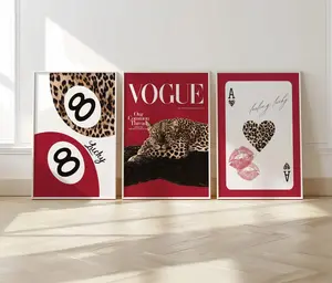 Set of 3 Vintage Prints Leopard Cheetah Print 8 Ball Lucky Red and Black Trendy Wall Art Gallery Preppy Luxury Home Decor