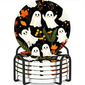 6-Piece Ghost Design Ceramic Coasters Set, Non-Slip Heat Resistant Drink Mats for Coffee & Beverage Table Decor, Perfect Gift Idea