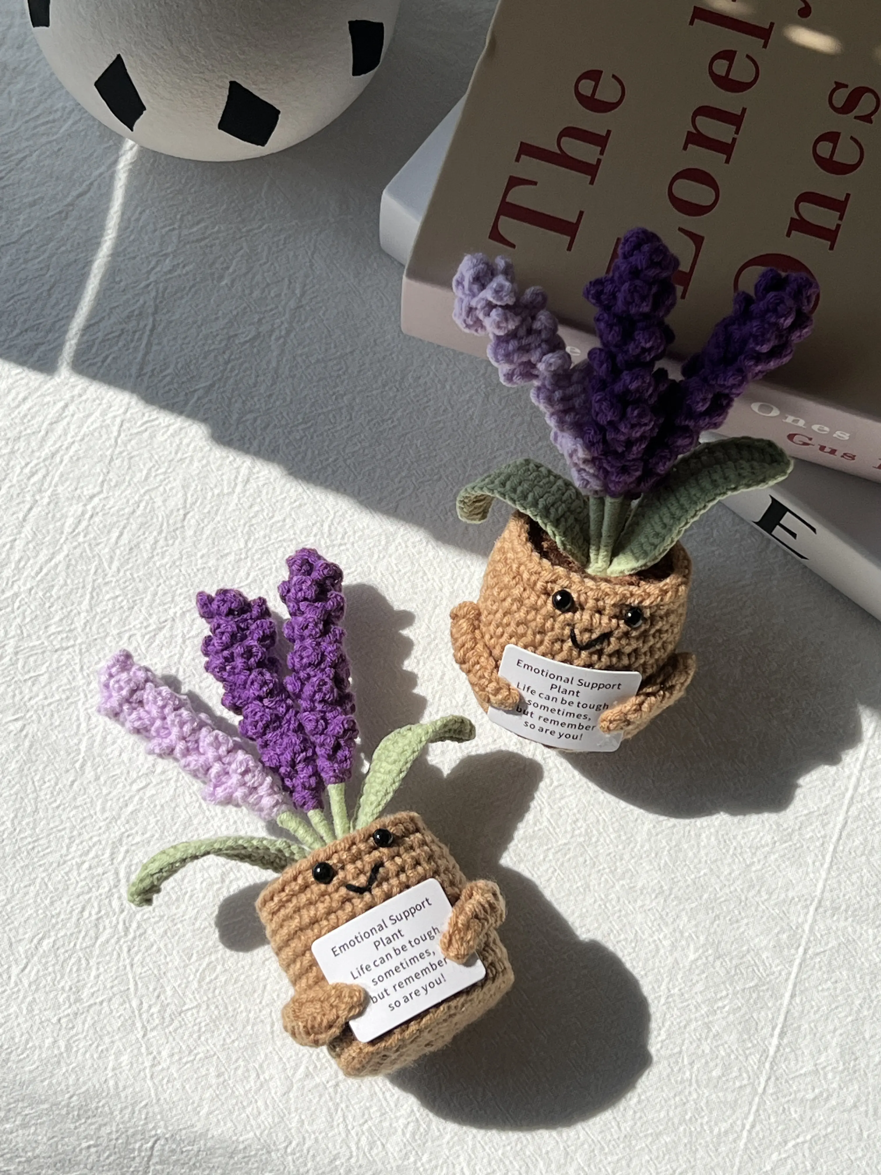 Handmade Crocheted Fabric Compact Mini Lavender Flower Pot - Decorative Plant Home & Office Desk Decor, Emotional Support Item, Encouraging Card Included, Inspirational Gift