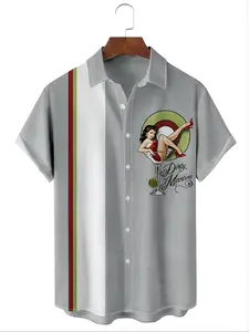 Men's Retro Classic Pin-Up Graphic Print Casual Shirt, Graphic Printed Shirt, Button-Collar, Color Block Design, Breathable Polyester Fabric, Summer Short Sleeve Shirt for Festive Occasions, Vacation Clothing, Menswear