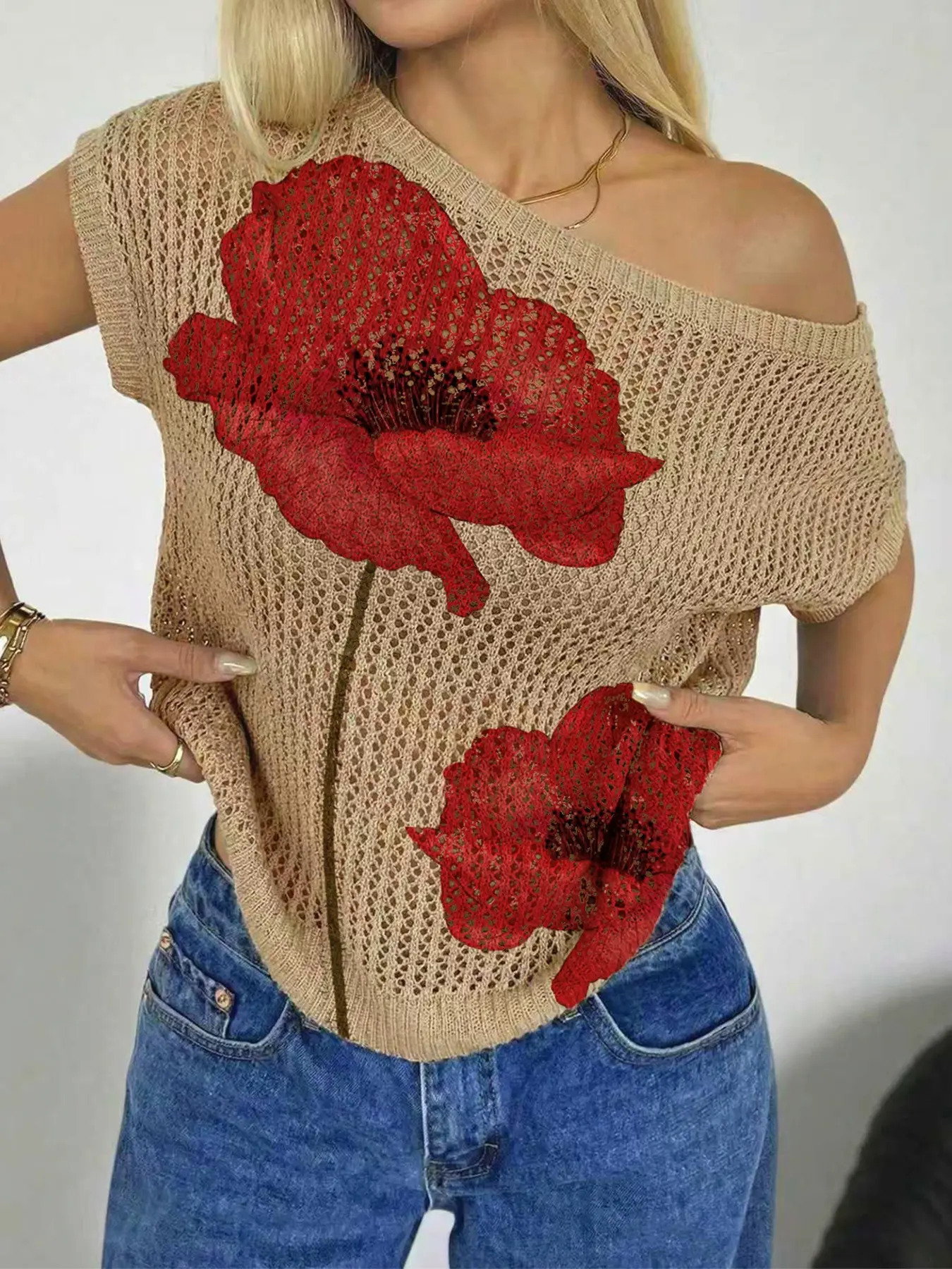 Spring Summer Women's Beach Vacation Casual Style Loose Asymmetric Neck Shoulder Reveal Batwing Sleeve Semi-Transparent Lace, Floral Print Knit Top