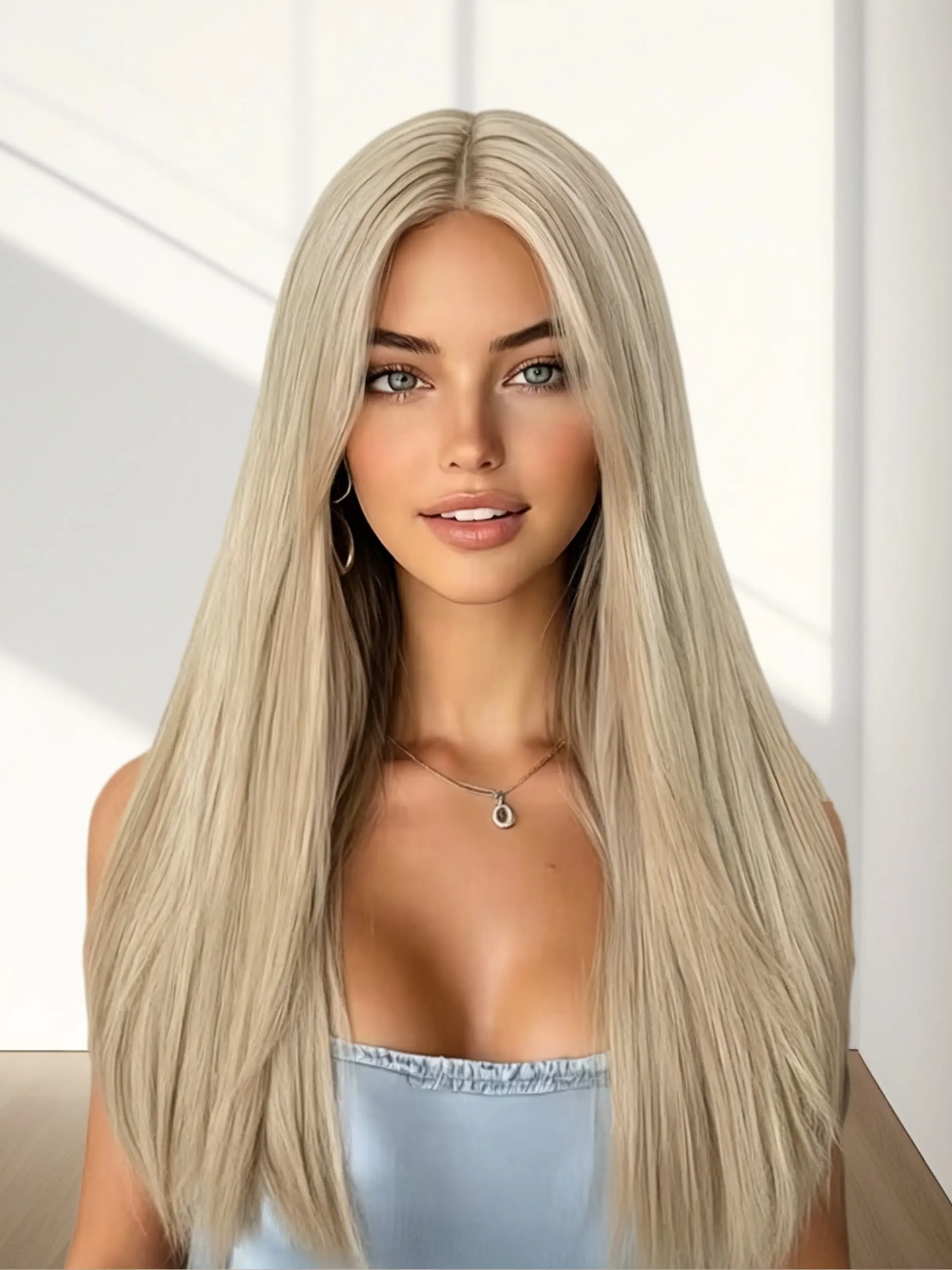 MIXPOP Ash Blonde Long Straight Wig for Women - 28 Inch Middle Part Layered Synthetic Hair Wig, Heat Resistant Natural Looking Wig for Daily Party Cosplay Synthetic Wigs