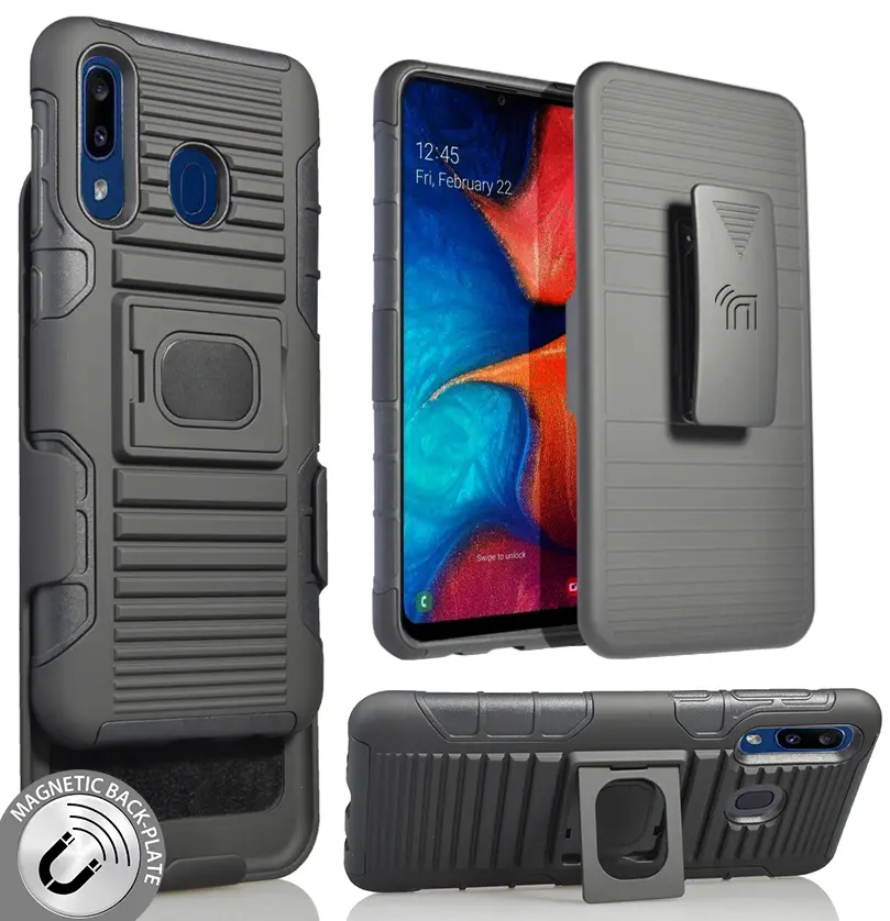 Case with Clip for Galaxy A20, Nakedcellphone Black Rugged Cover [with Finger Grip Stand] + [Built-In Mounting Plate] + [Belt Hip Holster] for Samsung Galaxy A20 (SM-A205) and Galaxy A30 (SM-A305)