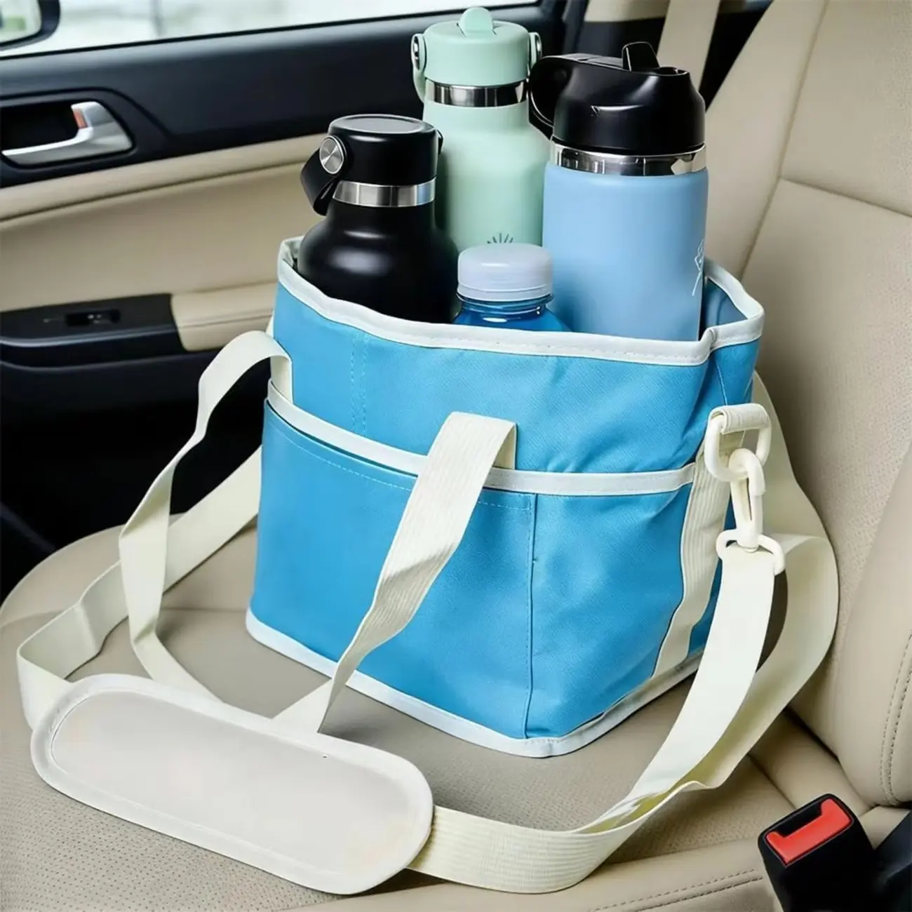 Stylish Insulated Water Bottle Carrier Bag with Shoulder Strap, Multi-Bottle Tote Holder, Large-Capacity Beverage Organizer with Front Pockets for Gym, Camping, Travel, Aluminium, Tumbler, Beach, Road Trips, Polyester, Easy Access, Practical, Moms